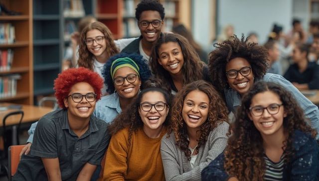 Diverse Group of Students Collaborating in Library Setting