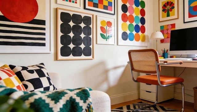 Colorful home workspace featuring cane-back chair, gallery wall and cozy living corner