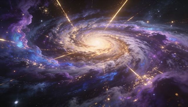 Radiant spiral galaxy core with swirling purple nebula arms and golden stellar beams