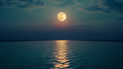 Full Moon Reflecting Over Calm Ocean at Dusk