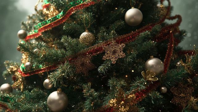 Festively decorated christmas tree with gold accents