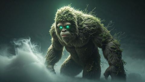 Mystical being emerging in enchanted foggy forest