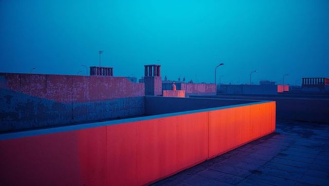 Futuristic Rooftop Cityscape with Geometric Light Reflections