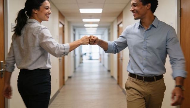 Business-casual coworkers fist-bumping in office corridor showing teamwork