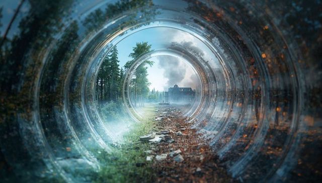 Transparent ringed tunnel revealing forest path leading toward smoke-filled two-story house