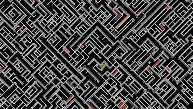 Intricate black and gray maze with pops of color in abstract 3d