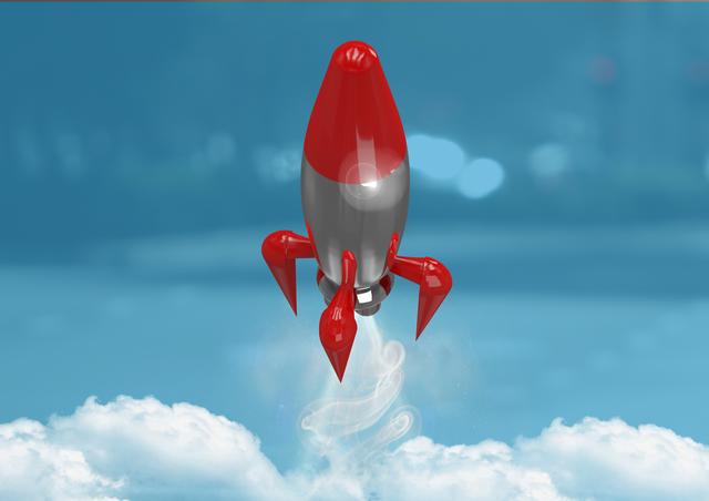 Digital composite of 3D Rocket flying against blue background