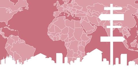 Global travel and transport concept with cityscape and directional signs