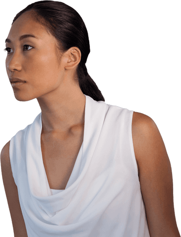 businesswoman with contemplative expression showcasing elegance and professionalism in business wear. useful for corporate or business-related themes. ideal for illustrating concepts like leadership, decision-making, and forward-thinking. enhances visuals meant to depict confidence, poise, or reflective moments in professional settings.