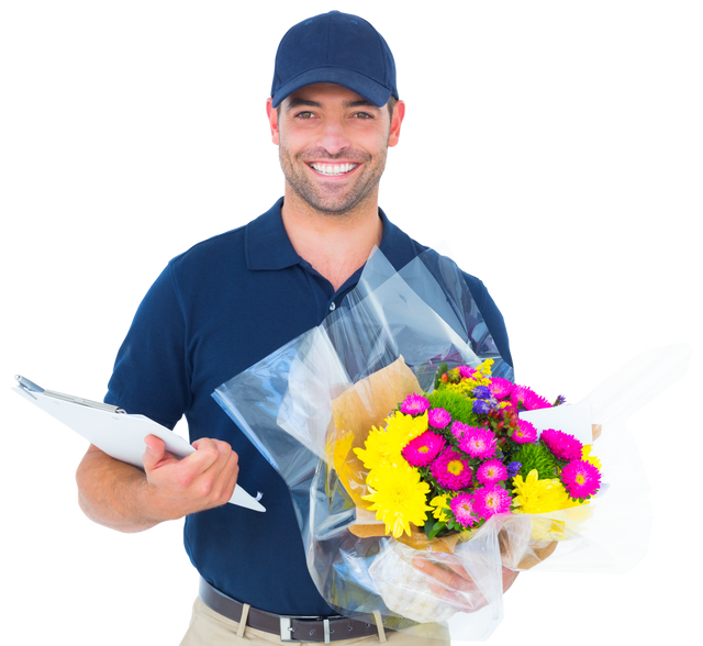 Transparent Smiling Flower Delivery Man Holding Bouquet and Clipboard - Download Free Stock Videos Pikwizard.com