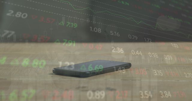 The image features a smartphone on a wooden table with superimposed stock market metrics displayed over it. This image is perfect for illustrating themes related to mobile trading, financial technology, and investment analysis. It can be suitable for use in financial blogs, stock trading websites, investment magazines, and articles focused on the integration of technology in finance.