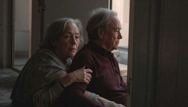 Senior couple embracing and gazing out window, quiet companionship and reflective mood