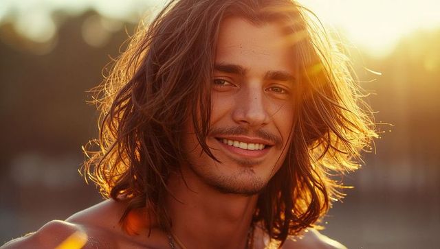Sunlit smiling man with long hair on beach during golden hour, backlit closeup portrait with lens fl