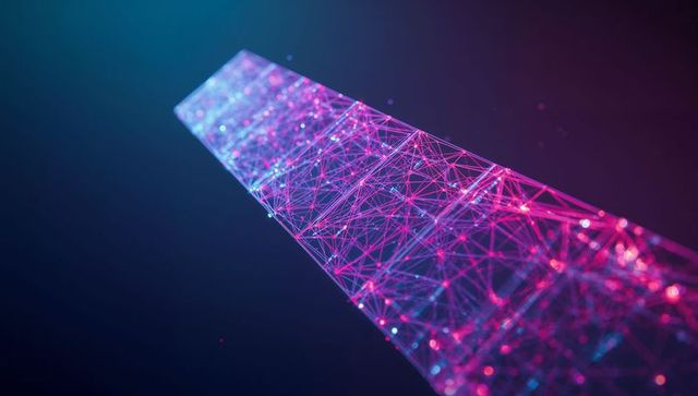 Futuristic digital wireframe beam with glowing network nodes