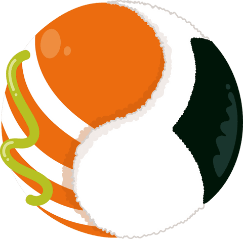 Stylized sphere with fluffy peel and lime green squiggle on transparent background