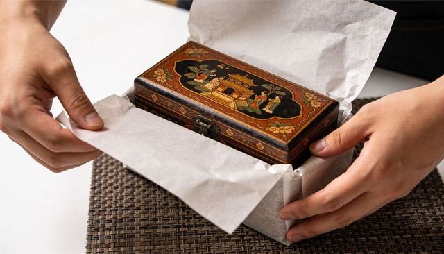 Unwrapping antique lacquered jewelry box with ornate painted lid and metal clasp