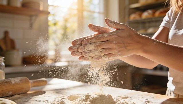 Hands dusting flour over dough in warm sunlit kitchen while preparing homemade bread