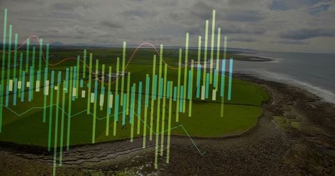 Aerial coastal landscape with data visualization elements overlay