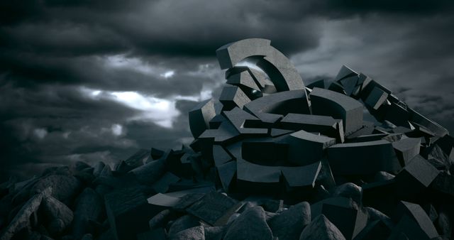 A pile of three-dimensional letters and characters is strewn about under a dramatic cloudy sky, creating a sense of chaos in communication or information overload. The image evokes themes of disorganized thoughts or the breakdown of effective communication.
