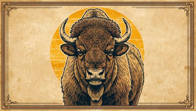 Retro bison head illustration with sun disk, ornate western border and distressed parchment
