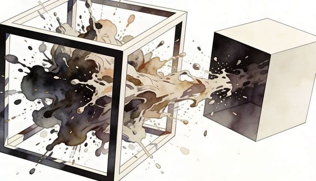 Abstract ink explosion moving from wireframe cube into solid cube with watercolor motion