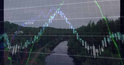 Financial Data Visual over Serene River Landscape