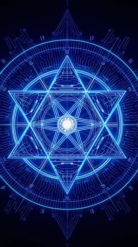Pulsing neon hexagram tracing concentric circuitry rings around glowing orb vertical video