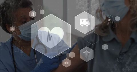 Nurse administering vaccine to patient with medical icons overlay, healthtech concept