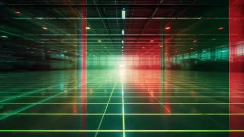 Futuristic Warehouse with Pulsing Digital Grid and Lights