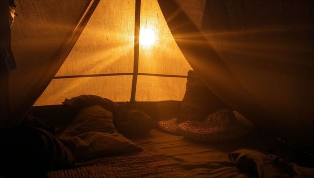 Sunlight streaming through canvas tent window at sunrise over unmade bed with pillows