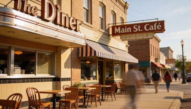 Sunlit retro diner on main street with outdoor seating and marquee sign, small town vibe