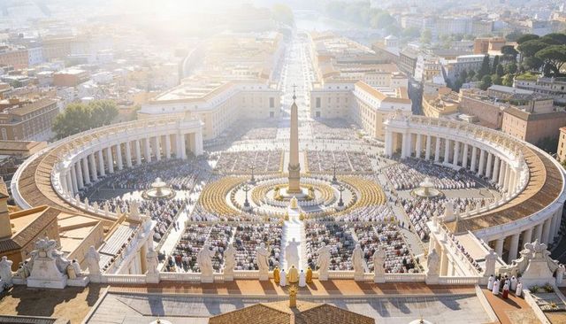 Sunlit aerial ceremony st peter's square vatican clergy pilgrims surrounding obelisk