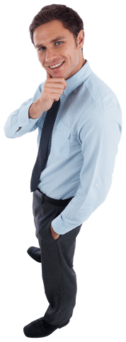 Thinking Businessman Smiling with Hand on Chin on Transparent Background