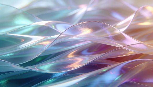 Iridescent sheer ribbons undulating in pearlescent gloss abstract background with sparkles