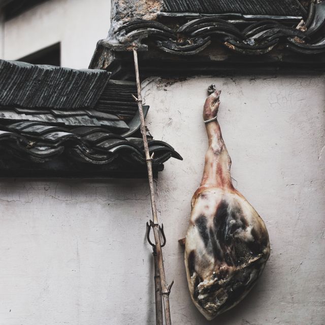 Traditional Chinese preserved meat hanging on a wall exemplifies heritage, culinary arts, and food preservation techniques. Ideal for blogs on traditional Chinese food, cultural studies, and articles or visuals on ancient methods of preservation.