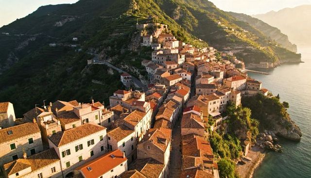 Sunlit mediterranean cliffside village with terracotta roofs and winding narrow alleys