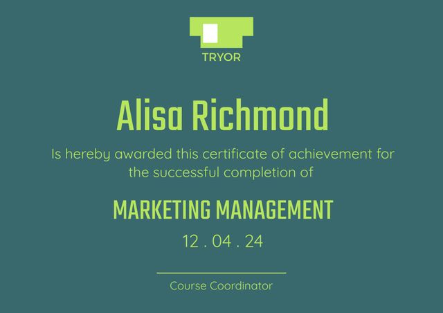 Green professional certificate of achievement with modern typography congratulating for successful completion of marketing management. Ideal for educational institutions, corporate training programs, online courses, and acknowledgment of professional development.