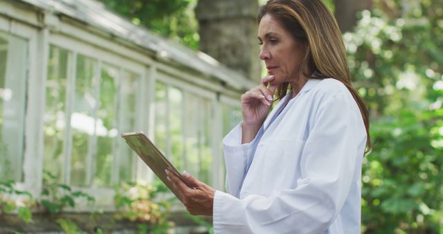 Female Scientist Analyzing Data on Tablet in Outdoor Research Facility - Download Free Stock Images Pikwizard.com