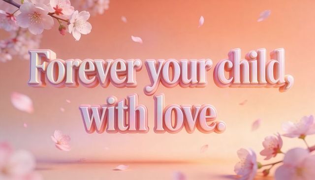 Shimmering pearlescent 3d text 'forever your child, with love' floating petals cherry blossom dusk