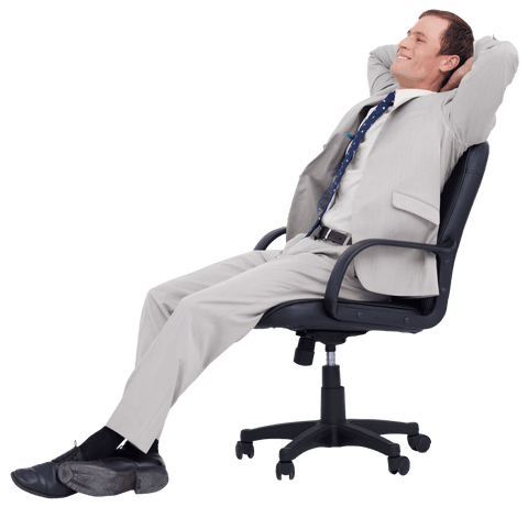 perfect for business concepts, either in corporate websites or presentation slides, this image shows a businessman relaxing in his office chair. can illustrate themes of work-life balance, employee satisfaction, productive workplace environments, or stress relief techniques.