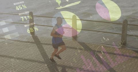 Senior Man Jogging by Waterfront with Fitness Data Graphics