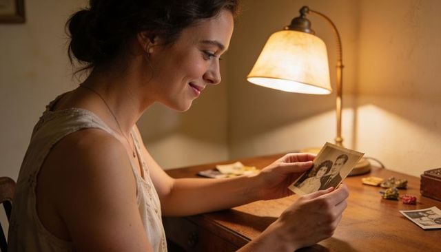 Young woman reminiscing over vintage portrait at wooden desk with warm lamp glow
