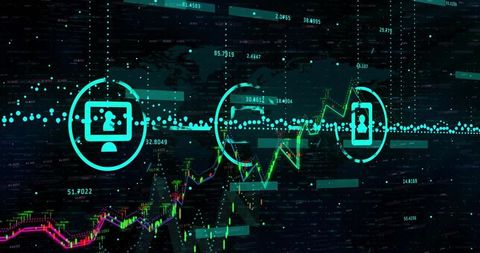 Futuristic neon data visualization over digital grid
