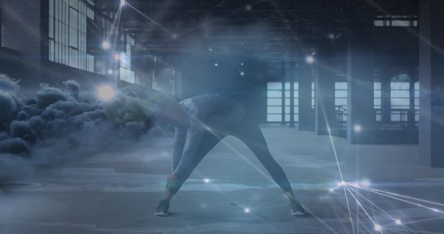 Woman Stretching in Futuristic Gym with Digital Overlay - Download Free Stock Images Pikwizard.com