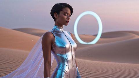 Futuristic explorer in silver with glowing portal in desert dunes