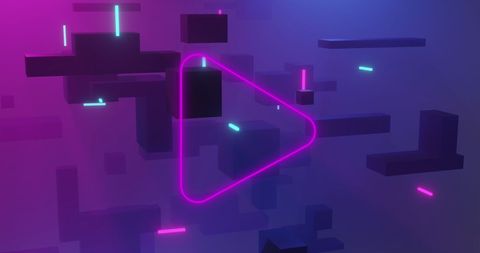 Neon Play Icon in Futuristic Digital Grid Abstract Background