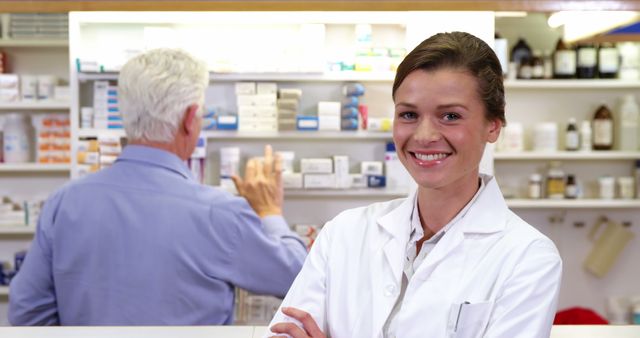 Female pharmacist smiling in foreground while a male colleague organizes prescription medications on shelves. Suitable for use in healthcare, pharmaceutical advertisements, or informative content about pharmacy services and teamwork in healthcare environments.