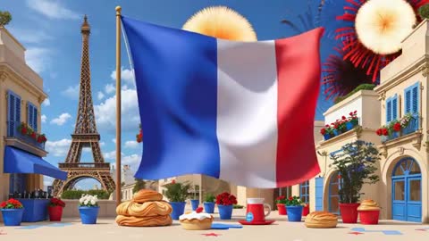 French Flag Near Eiffel Tower with Festive Fireworks Display