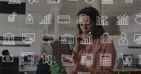Businesswoman Interacting with Virtual Business Icons Overlay