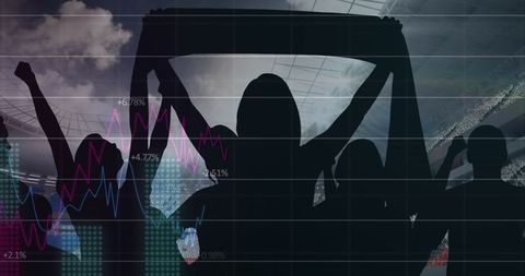 Fans Cheering in Stadium with Digital Financial Analysis Overlay